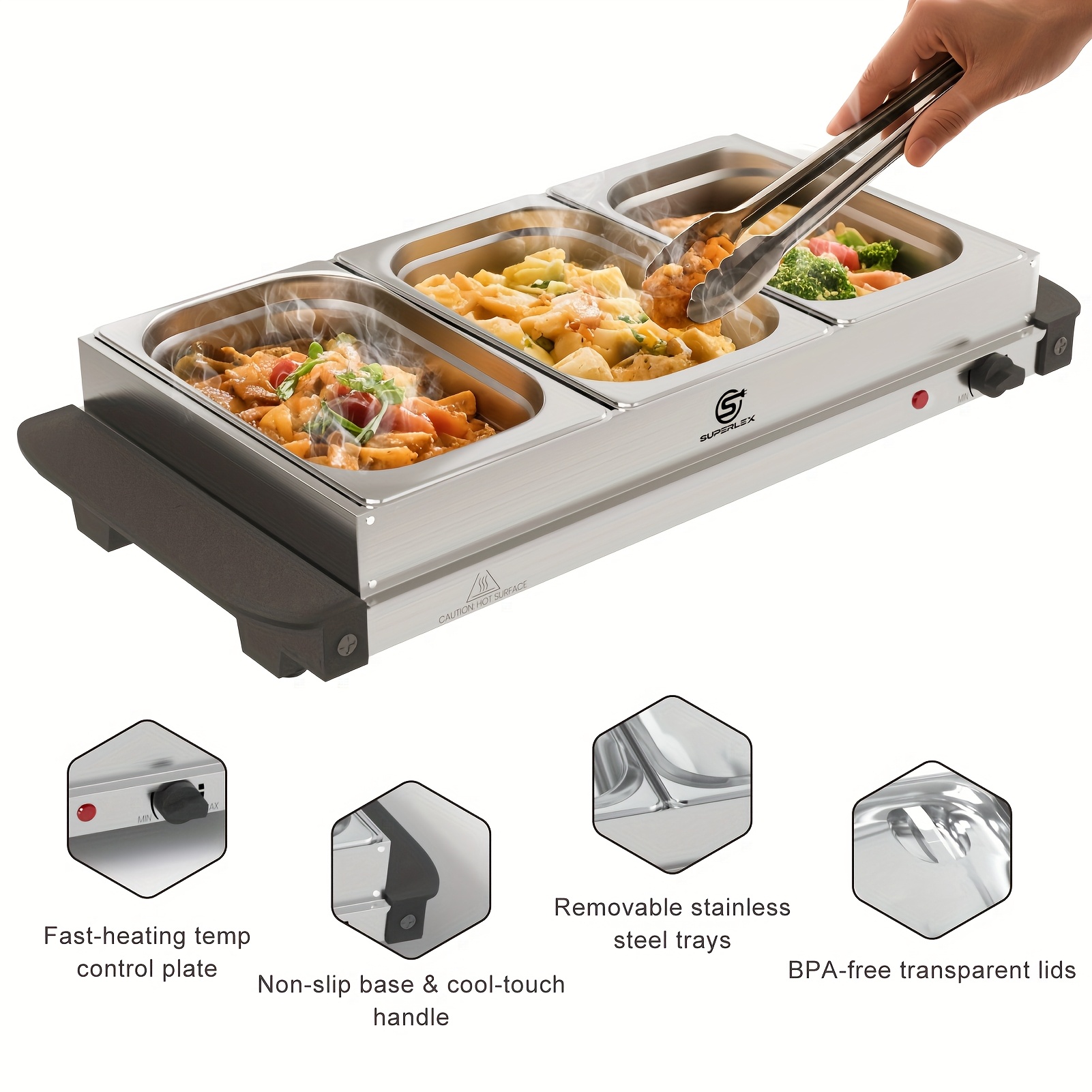 E-shop SUPERLEX 3-in-1 Isolierter Buffetserver | 200W Schnellaufheizung | 5L Edelstahl Isolierplatte | Ideal für Buffets, Partys, Catering, und