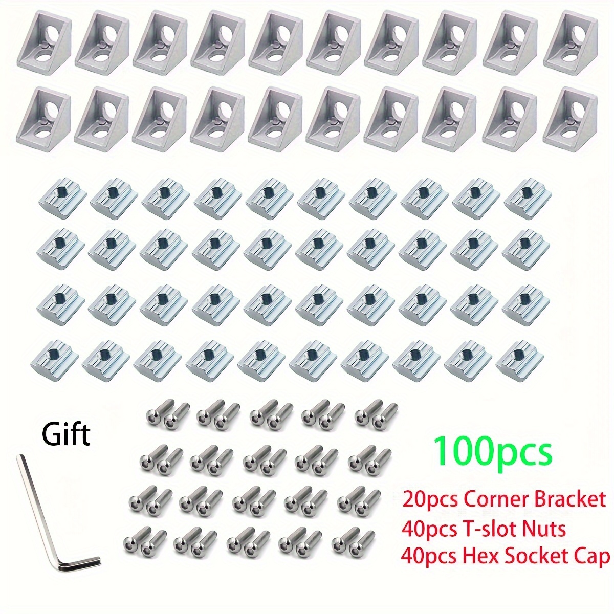 

100pcs Aluminum Connection Code, Suitable For 20*20 Eu Standard Aluminum , 20 Brackets + 40 X 20 M5 T- + 40 M5x8mm +