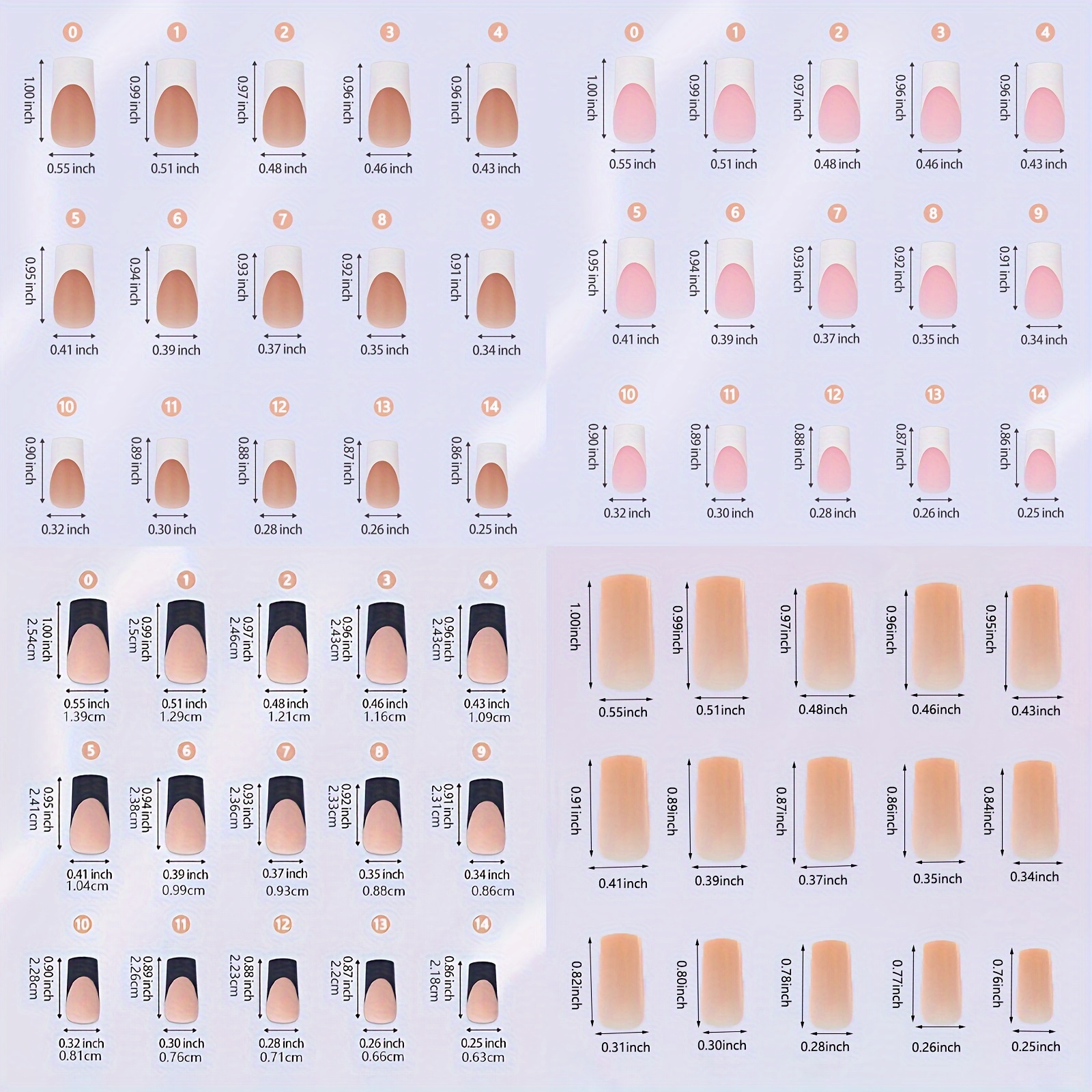 TEMU 240 stuks Medium Lange Moderne Franse Gel Press-On Puntige Nagel Kit, 4 Stijlen Combinatie, 3-In-1 Franse Vierkante Gel Nagel Tips, 15 Maten