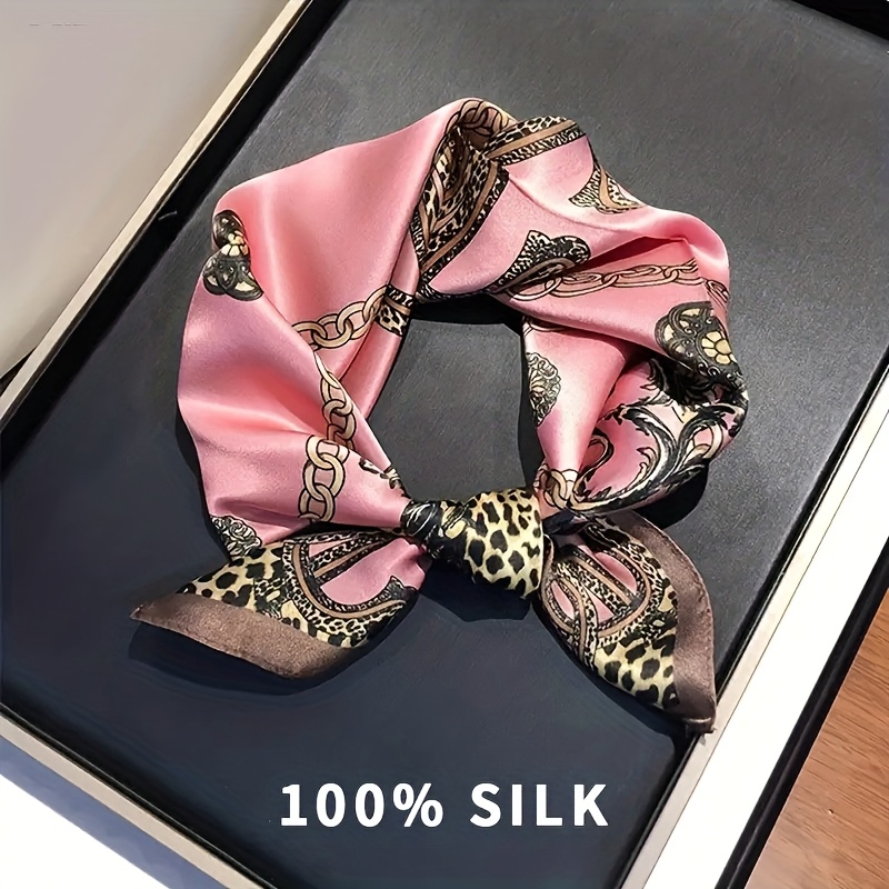 E-shop 100% Schal - ein eleganter, quadratischer Schal mit floralen und Leopardenmuster-Designs, Größe 27,6 Zoll, atmungsaktiv und nicht dehnbar, für