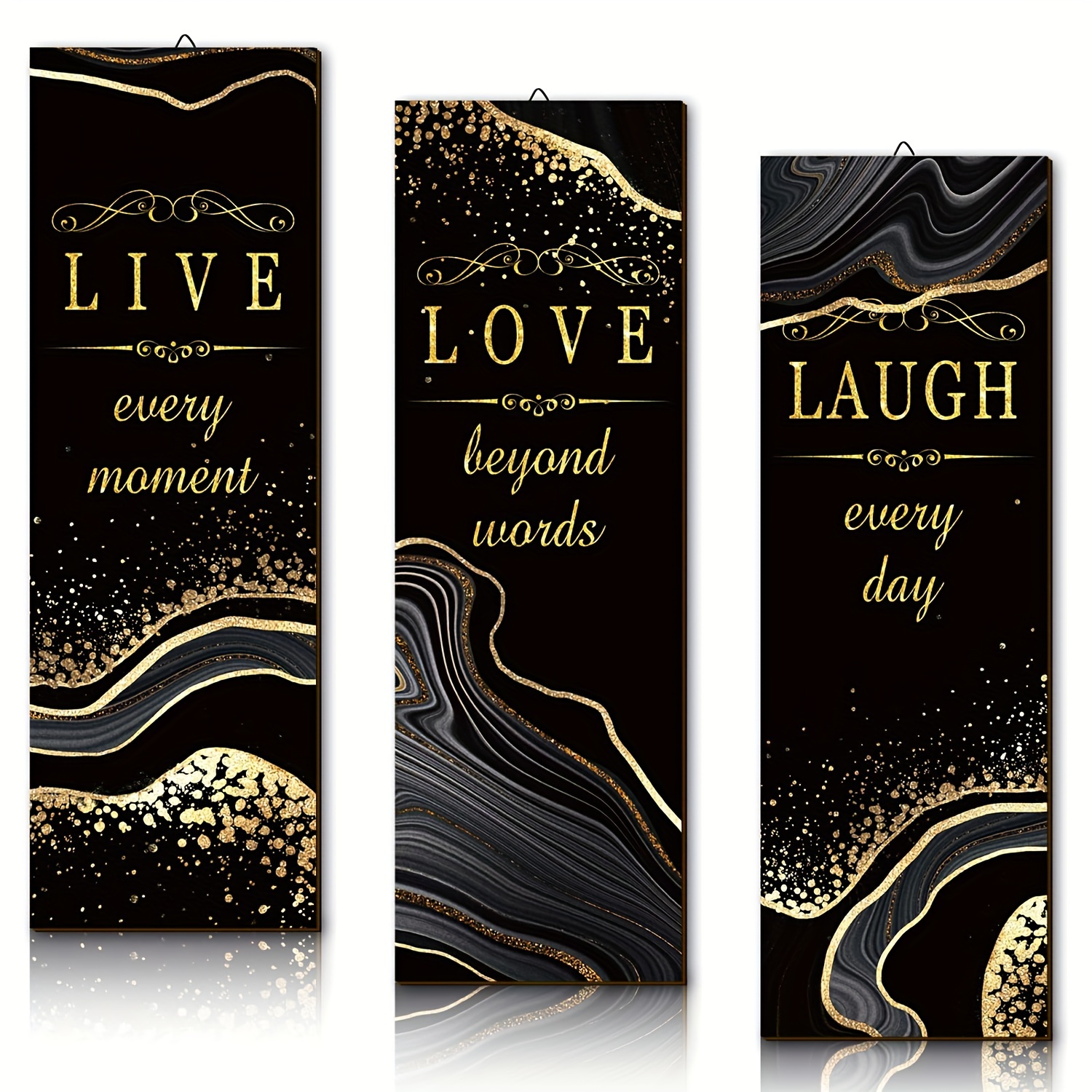 

3pcs Hanging On The Wall, Black Gold Rustic Wood Sign Wall Decor Live Love And Laugh Quote Sign Farmhouse Wall Mount Decoration For Wedding Kitchen Living Room Housewarming Gift Eid Al-adha Mubarak
