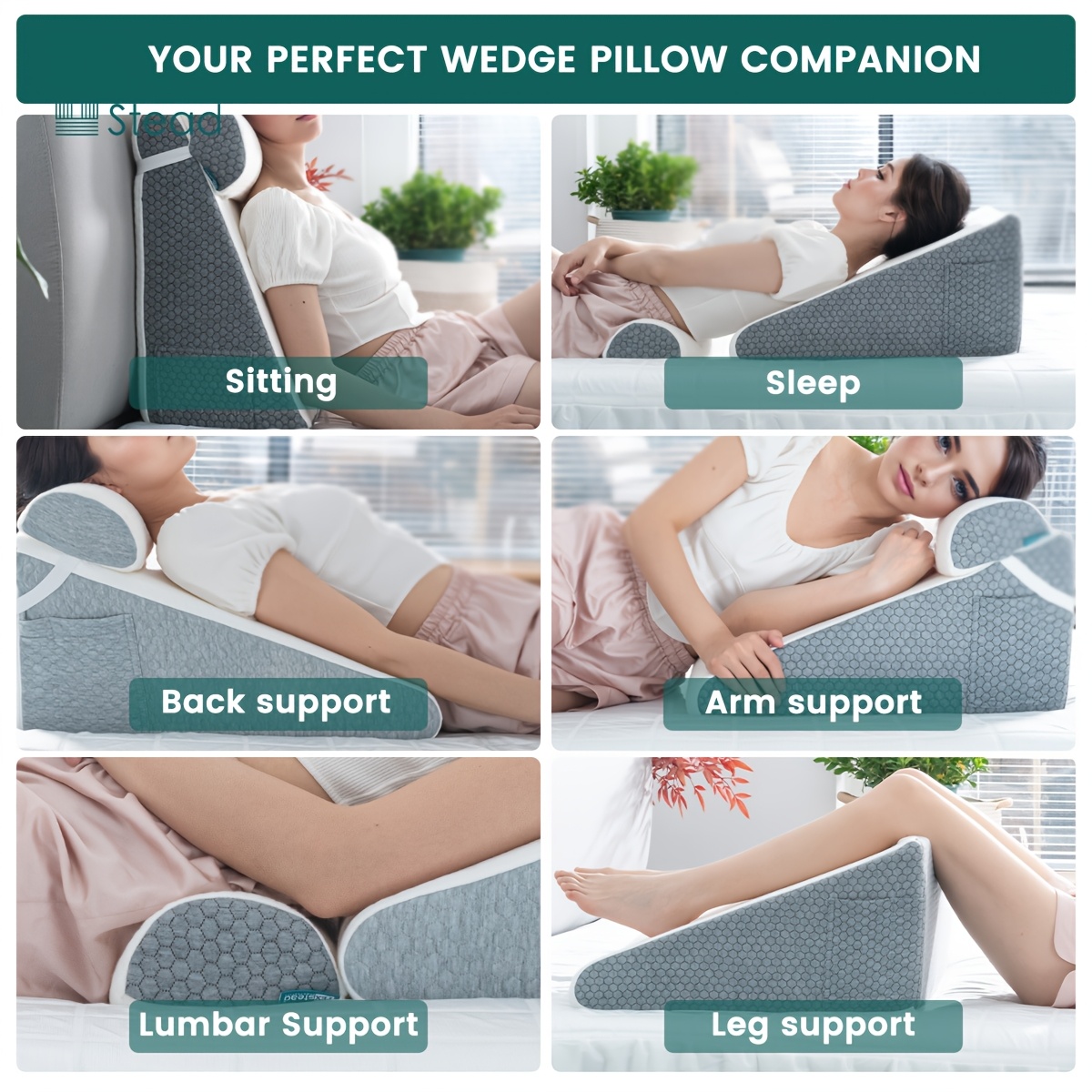 Almohada Cuña Ergonómica - Soporte Para Espalda Y Cuello, 50x50x26 Cm, Funda Lavable