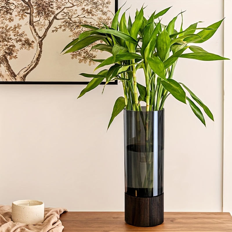 

Elegant Black Acrylic Vase With Wooden Base, 10" Tall - Decor In Living Room, Bedroom, Kitchen & Office