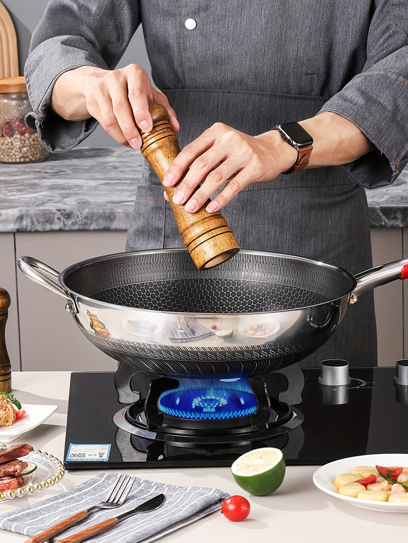 stainless steel non stick frying pan 32cm 34cm induction cooker gas stove compatible honeycomb wok design kitchen cookware for fried fish eggs steak outdoor use details 3