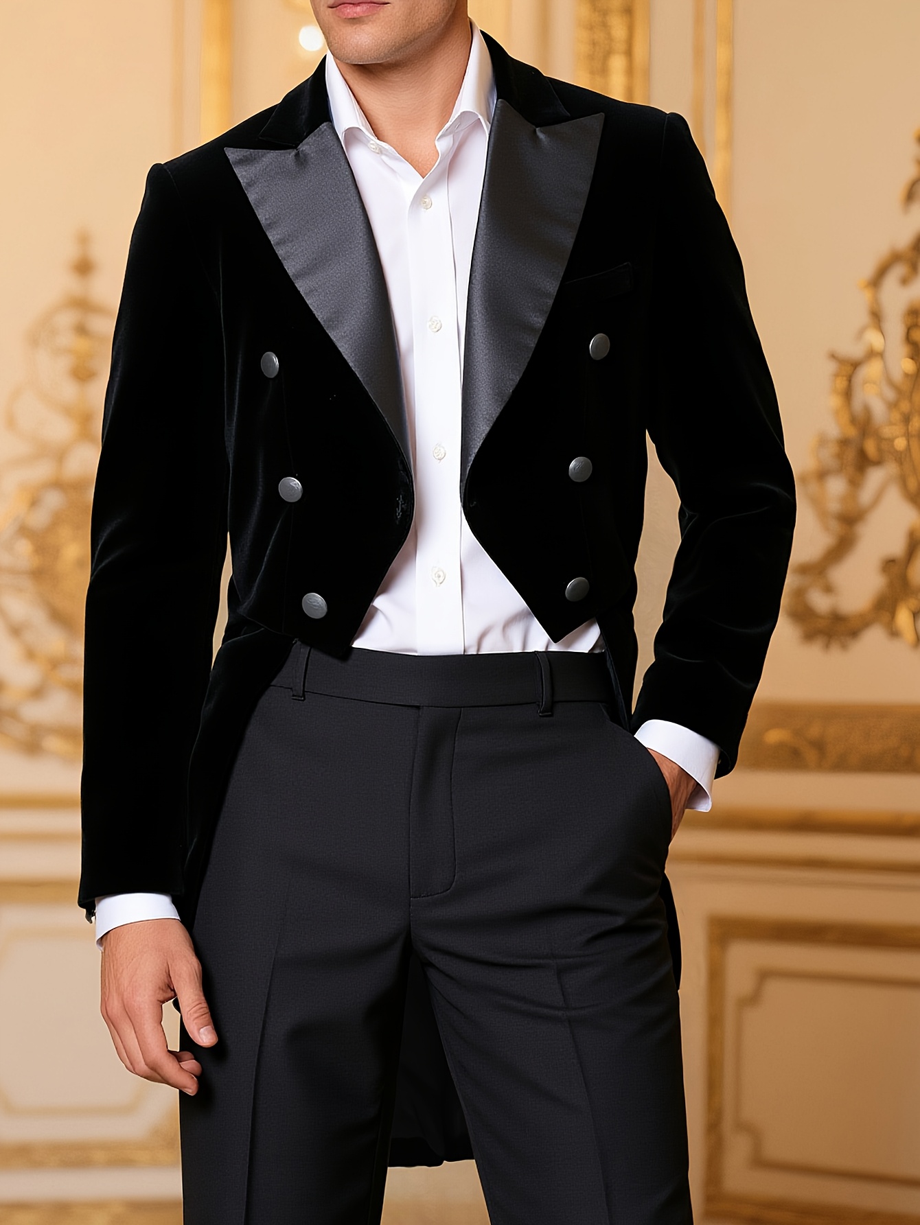 mens black velvet tuxedo with lapel collar double breasted front elegant wedding formal attire regular fit long sleeve for spring summer fall