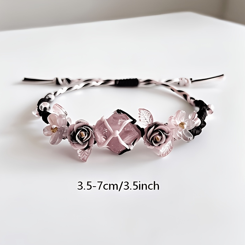 E-shop Handgewebtes Armband mit rosa Rosenkristall – Schwarz-weißer geflochtener Quastenschmuck im Gothic-Stil, verstellbares Armband im Bohemian-Stil