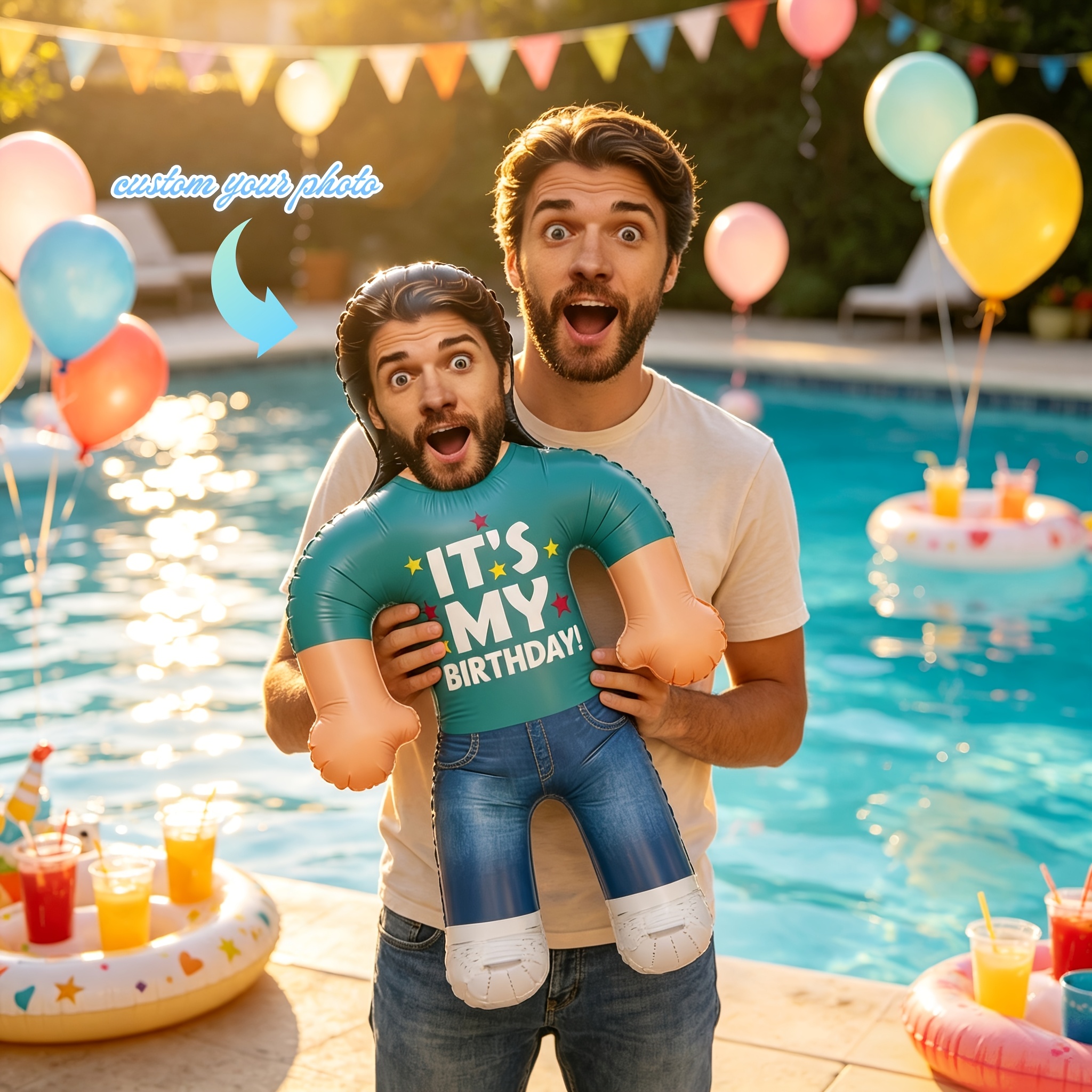 TEMU Accessoire de fête d'anniversaire gonflable avec photo de visage personnalisée, Poupée gonflable personnalisée "Mon anniversaire", Décoration de