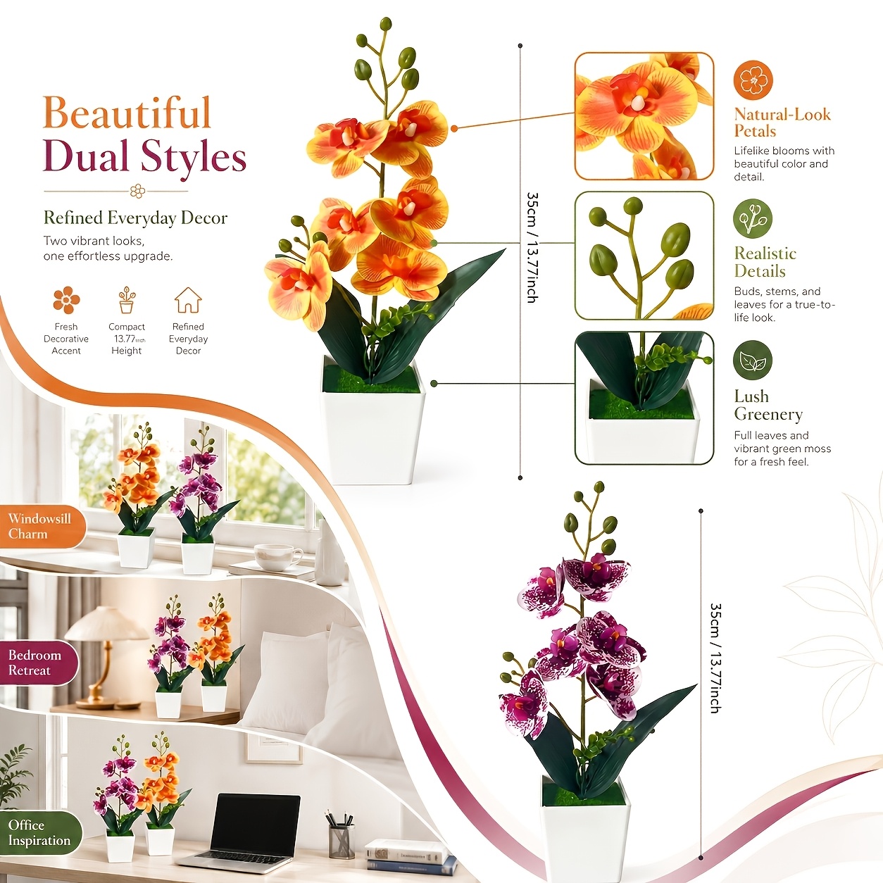 TEMU 2pcs Set Of Realistic Phalaenopsis Orchids In Pots, Spotted And Orange Yellow Gradient Dual-color Floral Potted Plants, Luxury Desktop Fake
