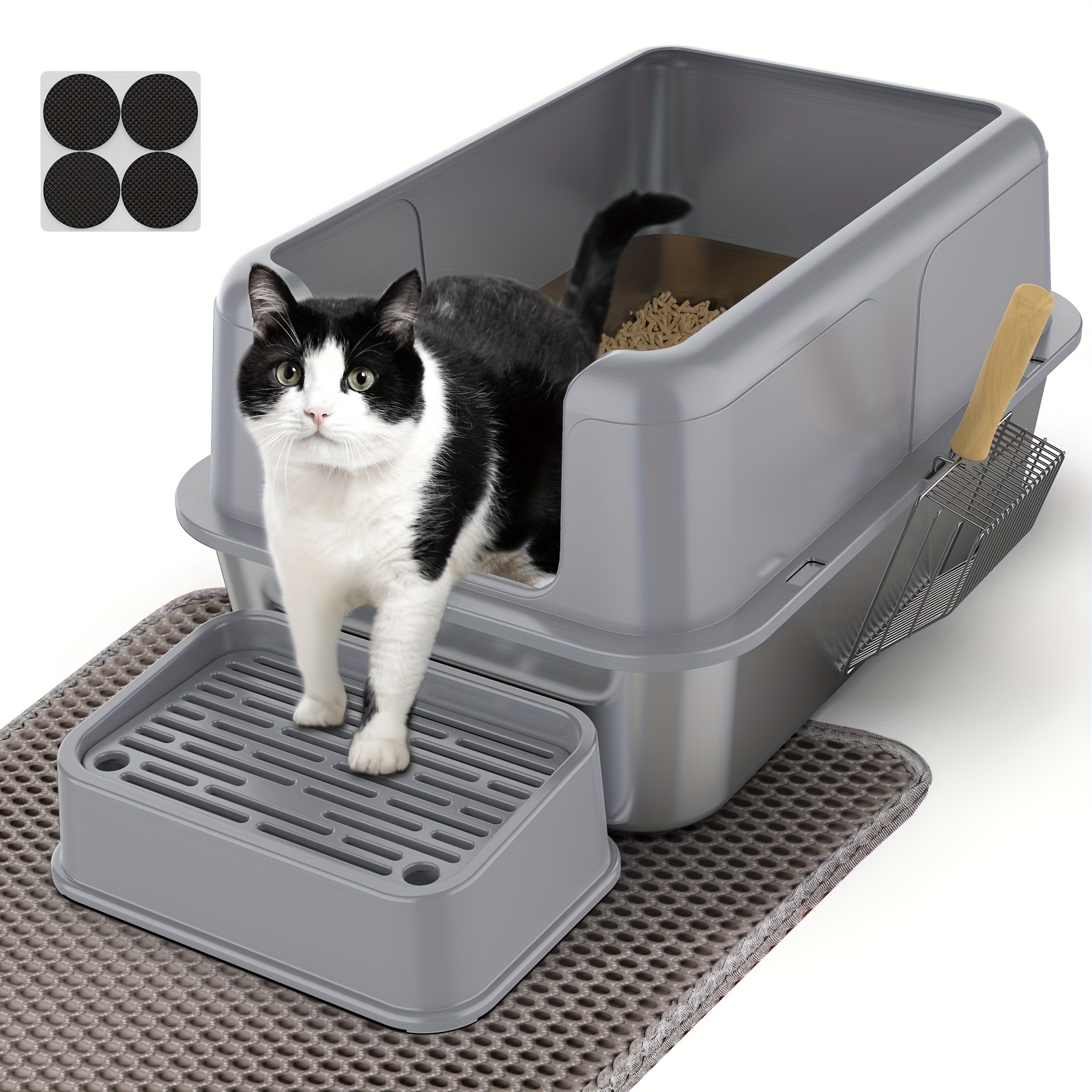 Xxl Stainless Steel Cat Litter Tray With Detachable Enclosure, 32l Large Capacity, Complete With Xxl Cat Litter Mat, Metal Cat And Stairs For Senior Cats, Suitable For All Cats