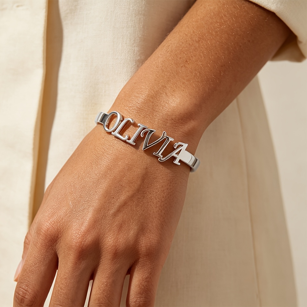 TEMU Personalized 201 Stainless Steel Golden Name Open Bangle, Custom Personalized Name Bracelet, Custom Jewelry Gift, Holiday Gift, Birthday Gift,
