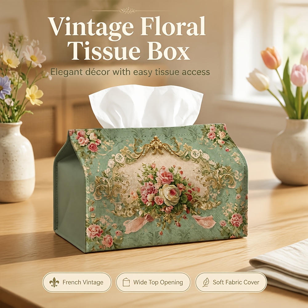 TEMU Boîte à mouchoirs verte vintage de style français à motif de roses, impression vintage florale à dorées, porte-serviettes, convient pour la