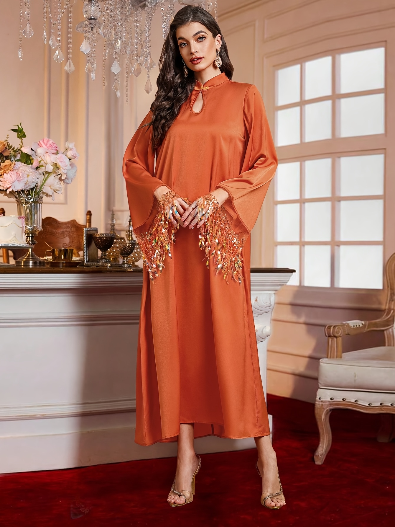 orange eid dress ramadan eid orange sequined tassel high neck long sleeve