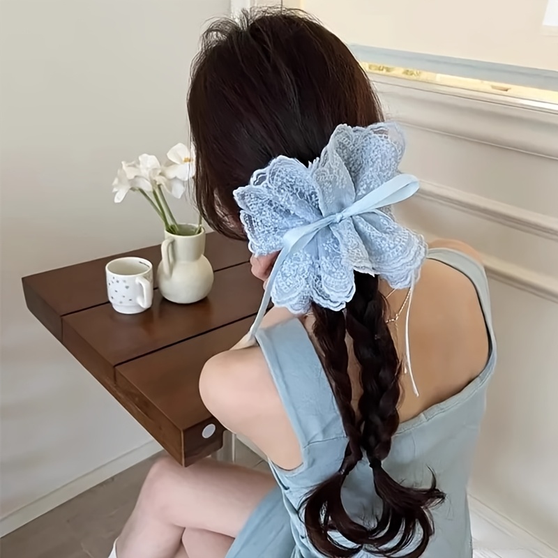 Ruffle Lace Trim Drawstring Large Ponytail Holder