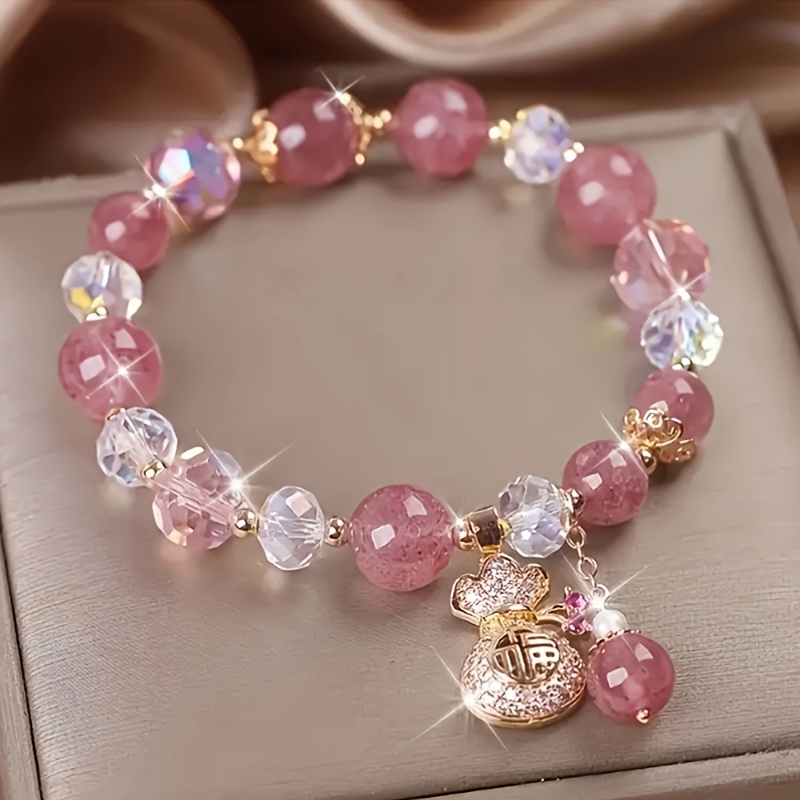 

Elegant Strawberry Bead Bracelet With "fu" Charm Pendant - Chinese Style, Uv Coated Resin With Crystal Accents, Women' Jewelry For All ,