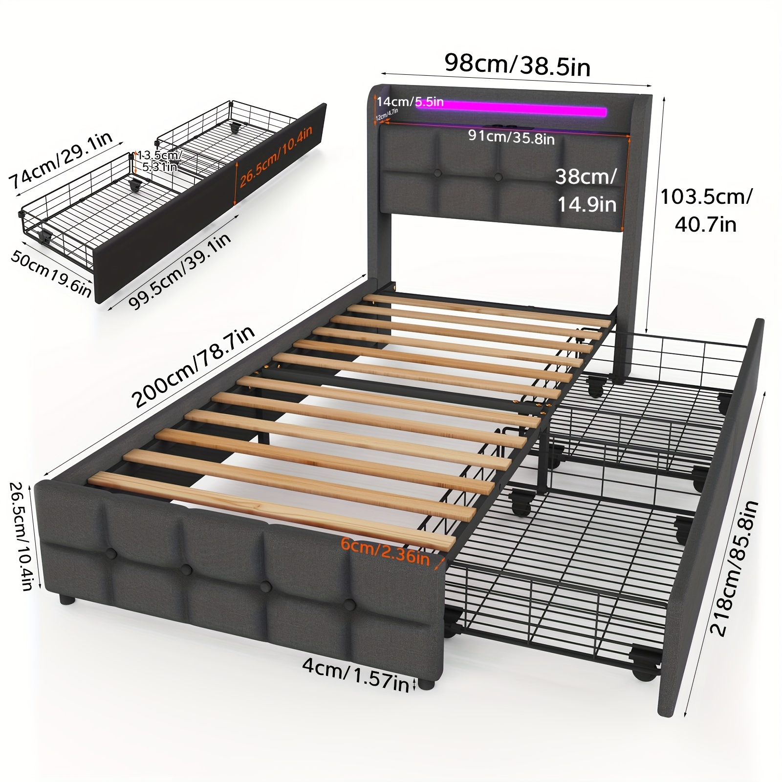 E-shop 90x200cm Einzelbettgestell, gepolsterte Plattform mit 2 Schubladen Kopfteil, stabiler Lattenrost aus Holz, einfache Montage