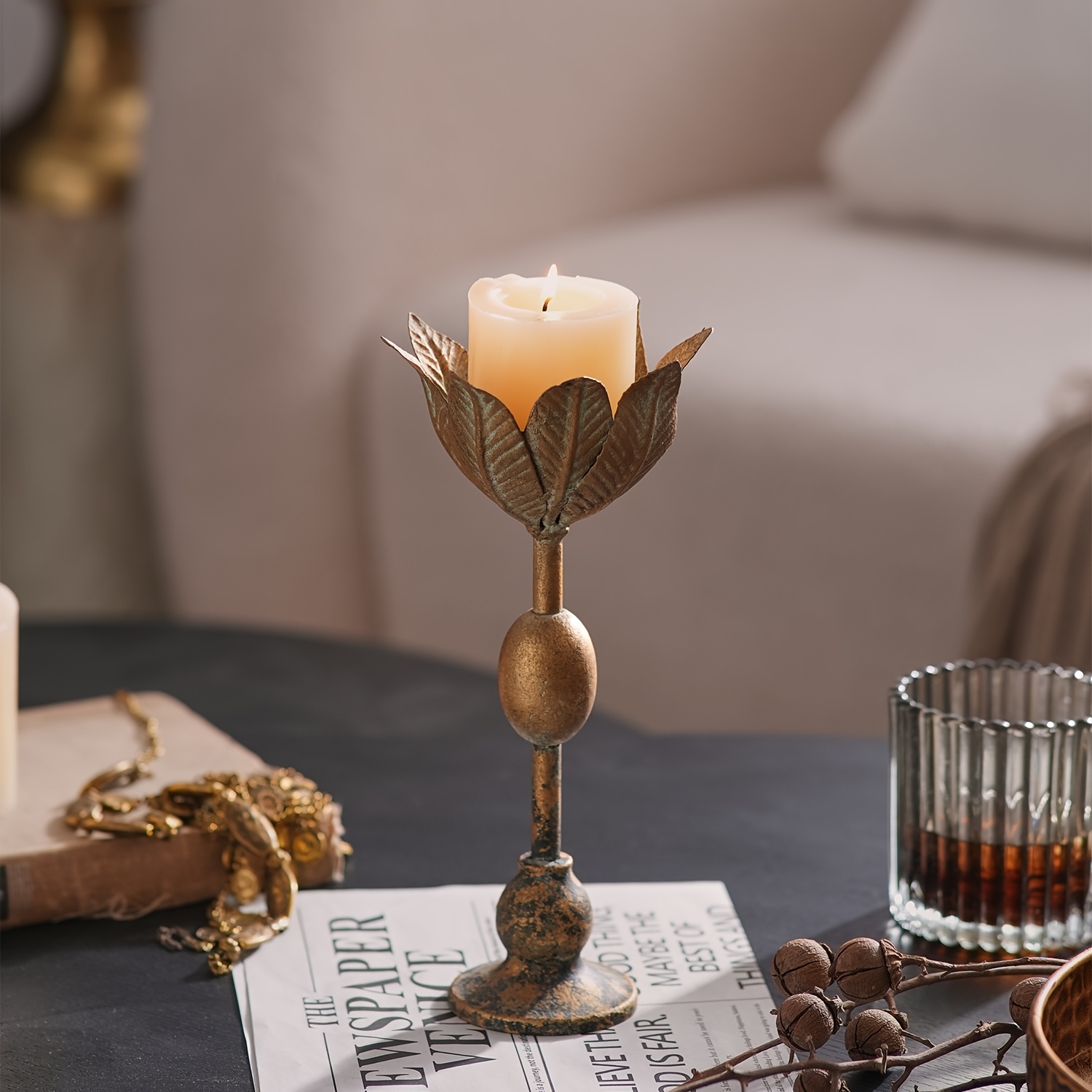 Vintage Flower Candle Holders, Distressed Bronze Metal Lotus Petal Design, Rustic Farmhouse Table Centerpiece for Dining Room, Wedding, Living Room Decor, 30.99cm & 25.91cm