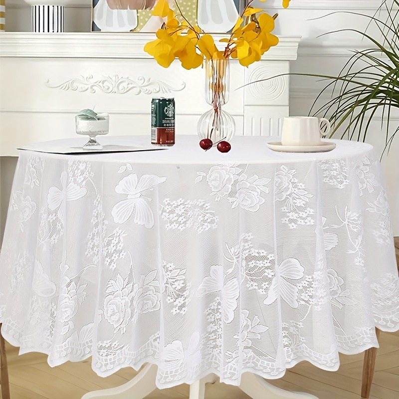 1pc floral lace   round tablecloth diameter 185cm solid color white polyester tablecover wedding bridal shower party decoration happy birthday party table decor baby shower party supplies tablecover 0