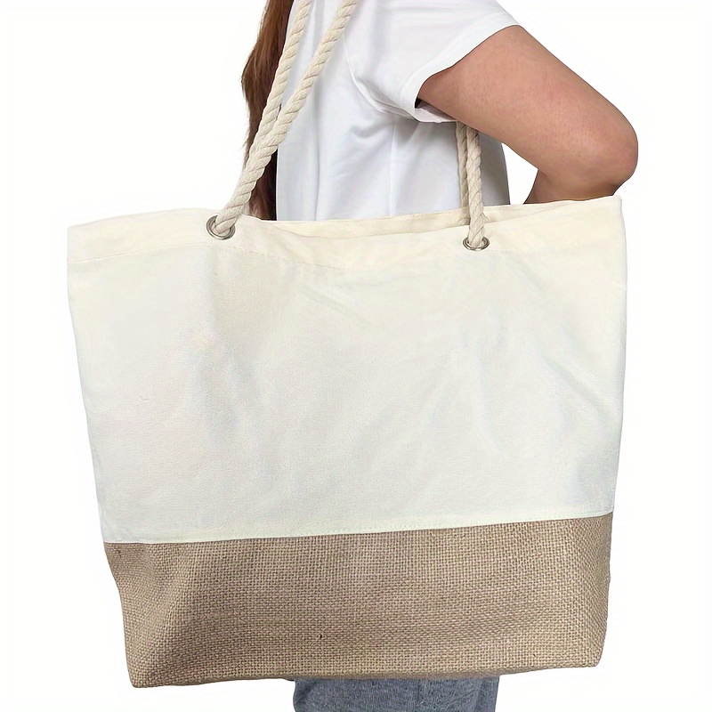 

Large Capacity Canvas And Burlap Tote Bag With Rope Handles, Beach Travel And Shopping Shoulder Bag