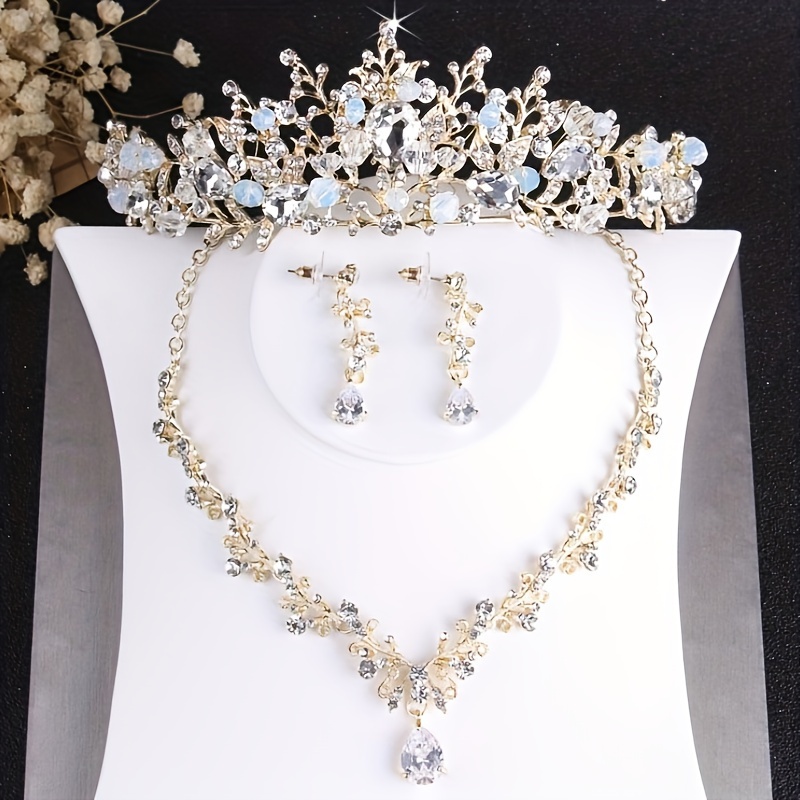 TEMU Bridal Crown Necklace Earrings 3 Piece Set Chain Bridal Jewelry High-end Wedding Band Handmade Beads Crown Necklace Earrings Set Evening Party Banquet Birthday Tiara Crown Set Chain
