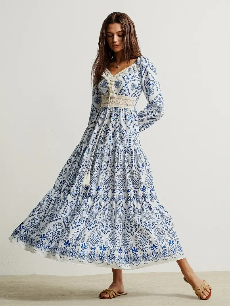 boho blue white maxi dress bell sleeves fringe - Temu Switzerland boho blue white maxi dress bell sleeves fringe - Temu Switzerland