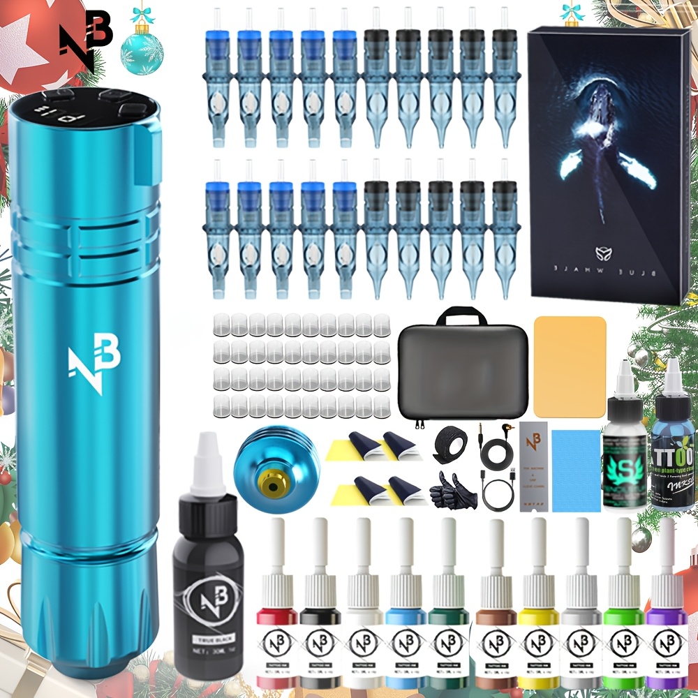 needle bee wireless tattoo pen kit   rotating machine with 1500mah battery   plug in converter 20 needles 7 color ink sets ideal for beginners and artists   cordless gift   details 0