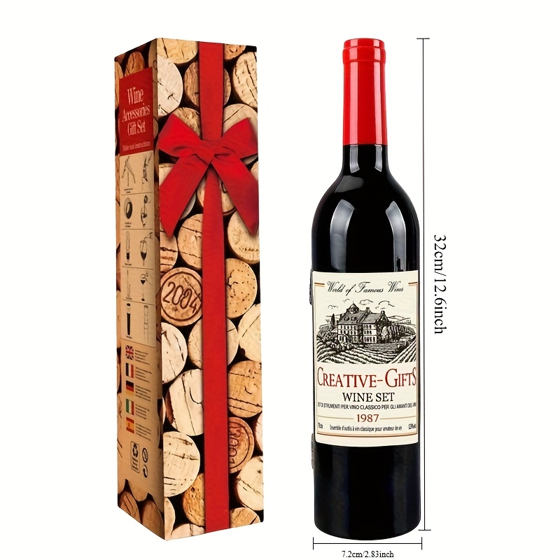 valentines day wine accessories gift set 5pcs deluxe wine opener kit with corkscrew stopper aerator foil cutter drip ring elegant bottle shaped gift box   wine lovers red 2
