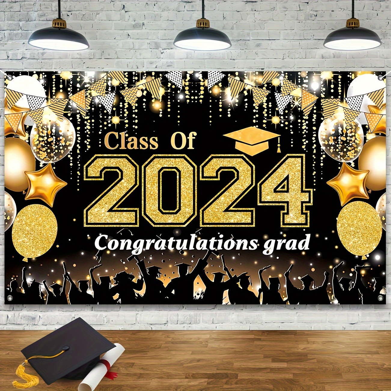 

2024 Graduation Party Backdrop - Black & Gold Bachelor Cap Design With Balloons, Polyester Congrats Banner For Photo Booth Decor