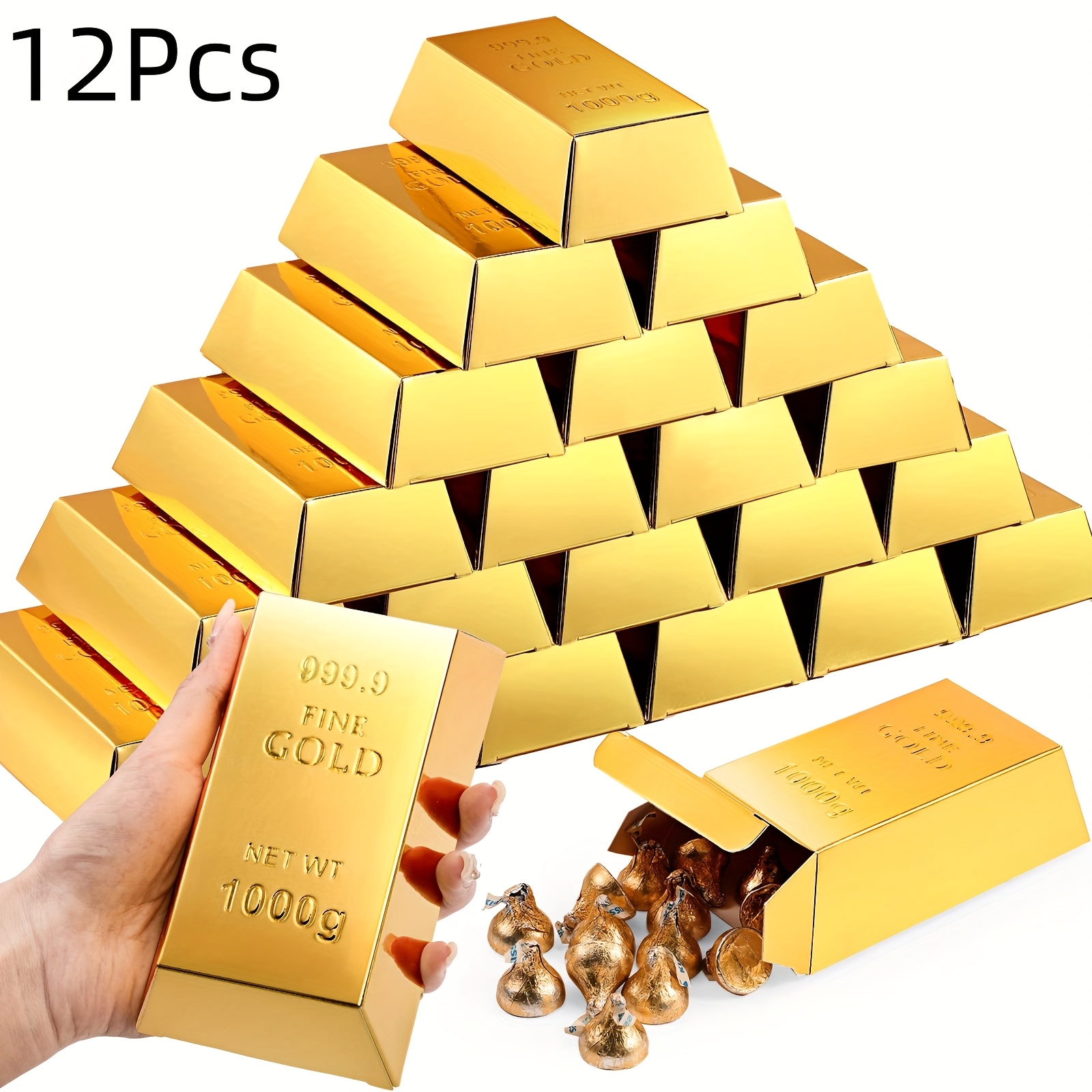 TEMU Gift For Her/him 12pcs Fake Gift Box Foil Party Favor Boxes Paper Golden Favor Boxes Treasure Brick For Birthday, Christmas, Halloween, Pirate