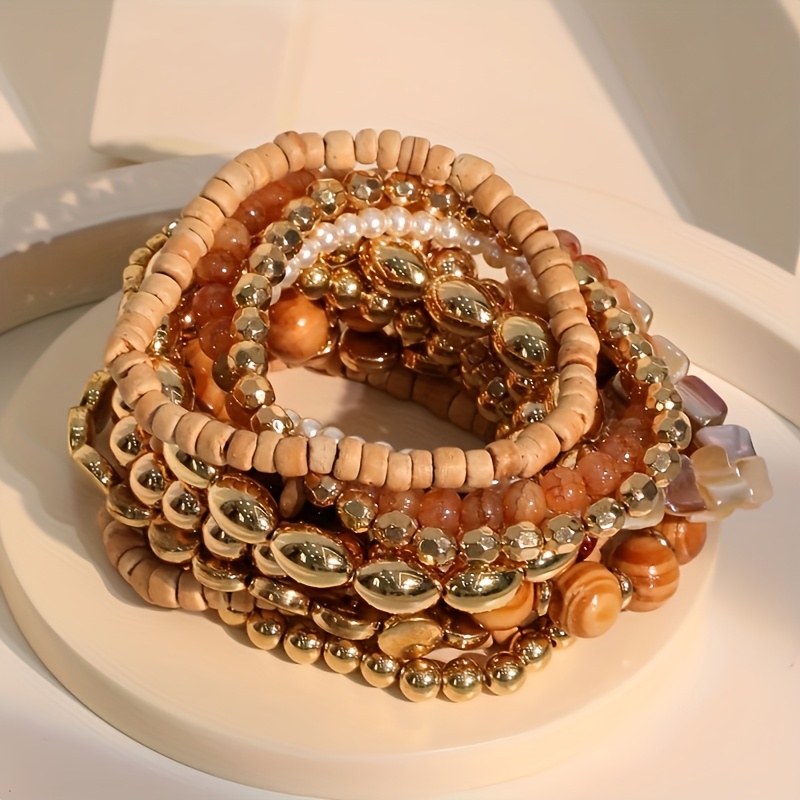 Image of 12pcs Bohemian Style Vintage Stackable Bracelet Set, Multi-strand , Handcrafted, Suitable For Daily Wear / Vacation, Relaxed Niche Design Jewelry, Holiday Gift