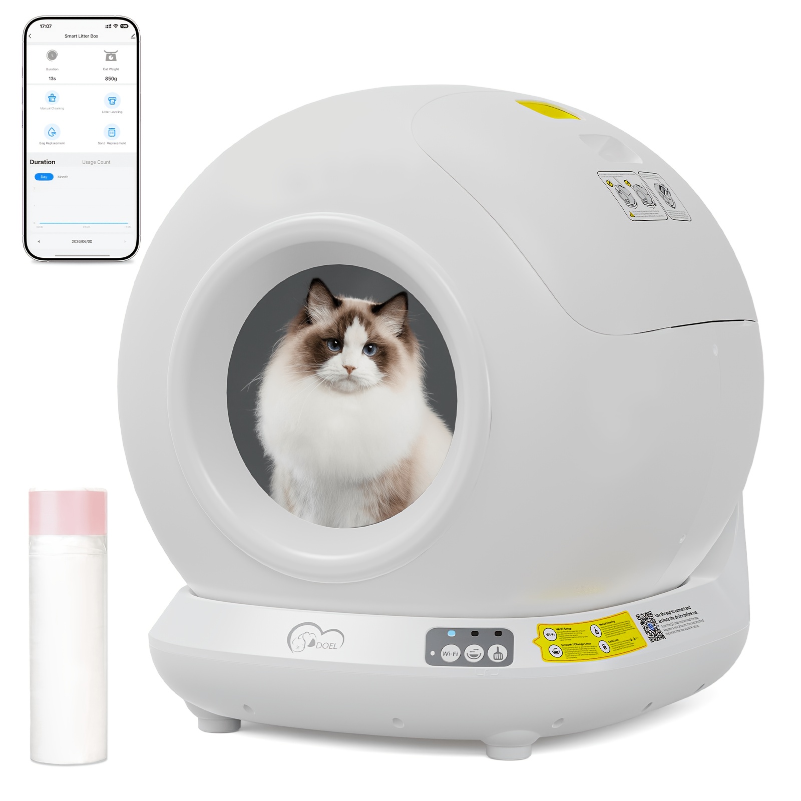 Image of Doel Automatic Self-cleaning Cat Litter Box, 2.4g Wifi Only, App Control, 78l Large Capacity, 4 Set Of Gravity Sensors, With 1 Roll Of Trash Bags, Compatible With Tofu & Mixed Cat , Use