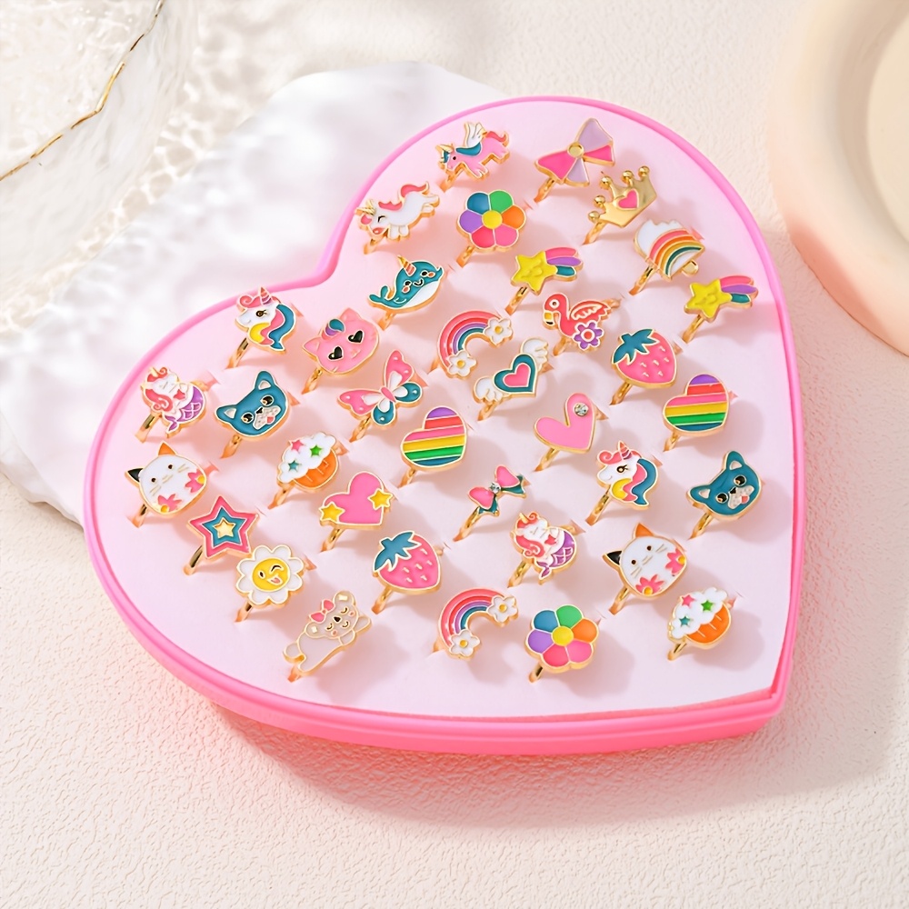 TEMU 36pcs Cute Cartoon Princess-themed Adjustable Ring Set, Suitable For Girls, Alloy, Mixed Color Enamel Design Jewelry