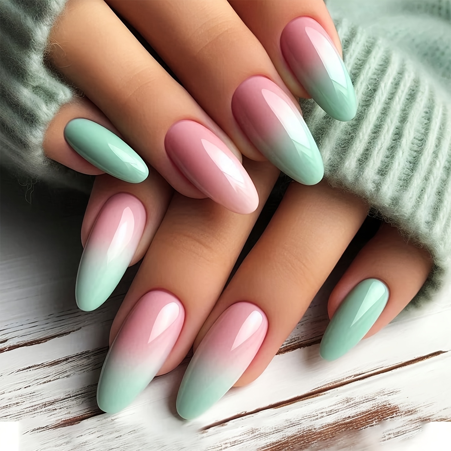 E-shop 24-teiliges SLOZZI Pink zu Hellgrün Verlauf Mandelformige Press-On-Nägel für Damen – Sommer Ombre Kunstnägel