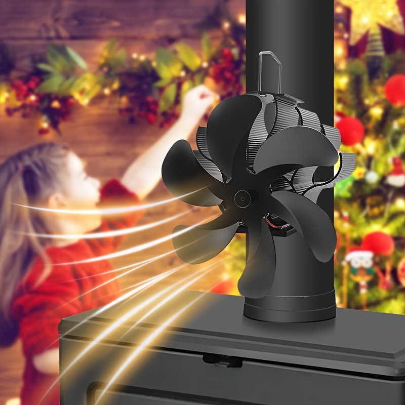 1pc fireplace heat powered stove chimney wall mounted 6   black fan for air circulation aluminum alloy metal material wood burning stove   to blow out hot air   heating faster fan without electricity with adjustable   details 0