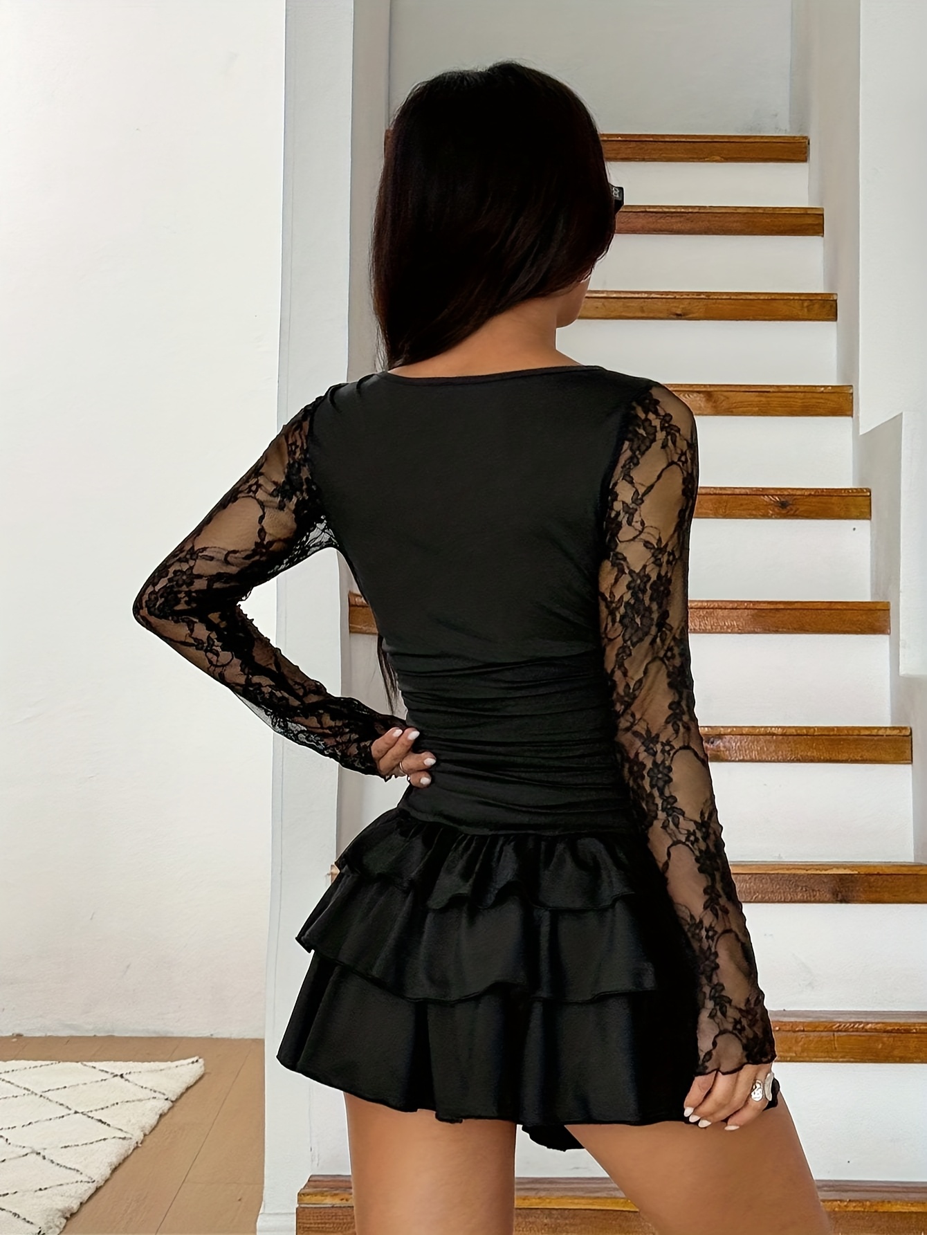 slim fit dress slacks Black Long-Sleeved Cotton Fitted Mini Dress Puff Shoulders Thumbholes –  Midnight All Year main image 0
