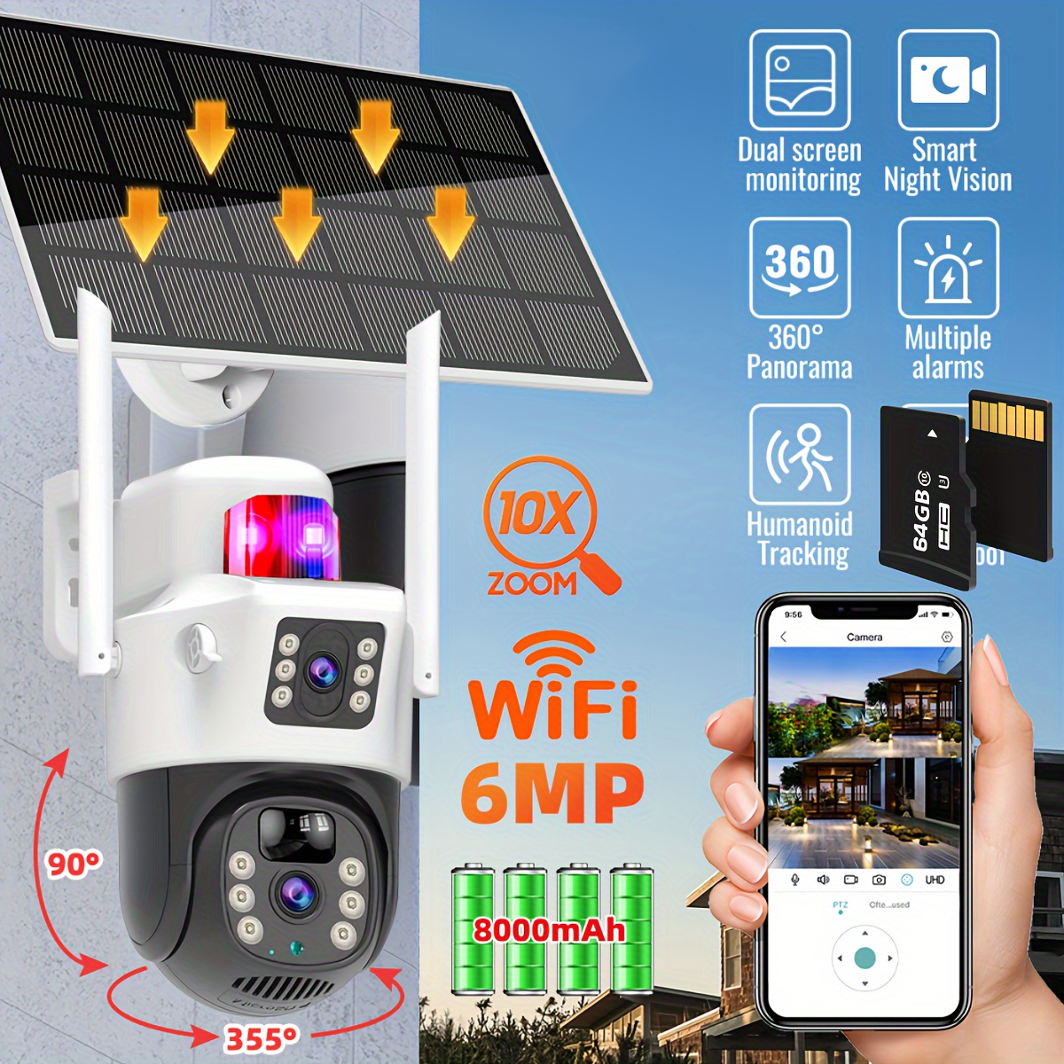 TEMU Wifi Wireless Solar Battery Powered Dual Lens Ptz Outdoor Surveillance Cctv Security Camera, Auto Tracking, , 2-way Audio, 10x Optical , Phone