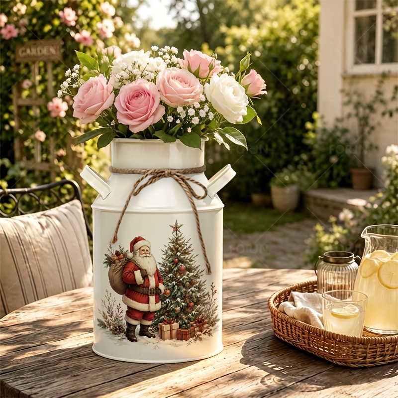 TEMU 1pc Iron Vase, Santa Claus Christmas Tree , Rural Style Decorations, Retro Farmhouse Style Design, Home Decoration Vases Suitable For Placing