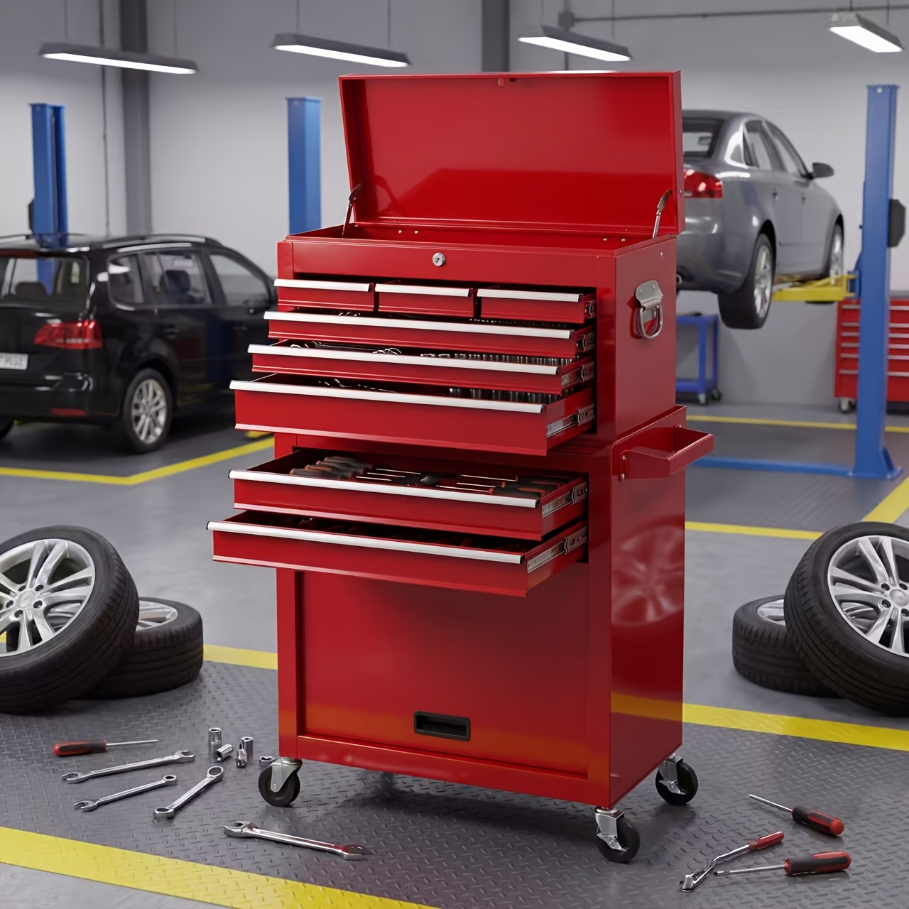 9 drawer lockable rolling toolbox 2 in 1 detachable large capacity tool storage cabinet heavy duty drawer storage box with wheels with drawer liners suitable for garage warehouse and workshop