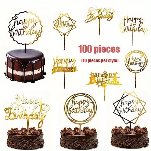 100pcs acrylic cake inserts party cake decor golden glitter cake topper happy birthday letter inserts card birthday party cake decor creative baking supplies holiday and birthday gifts
