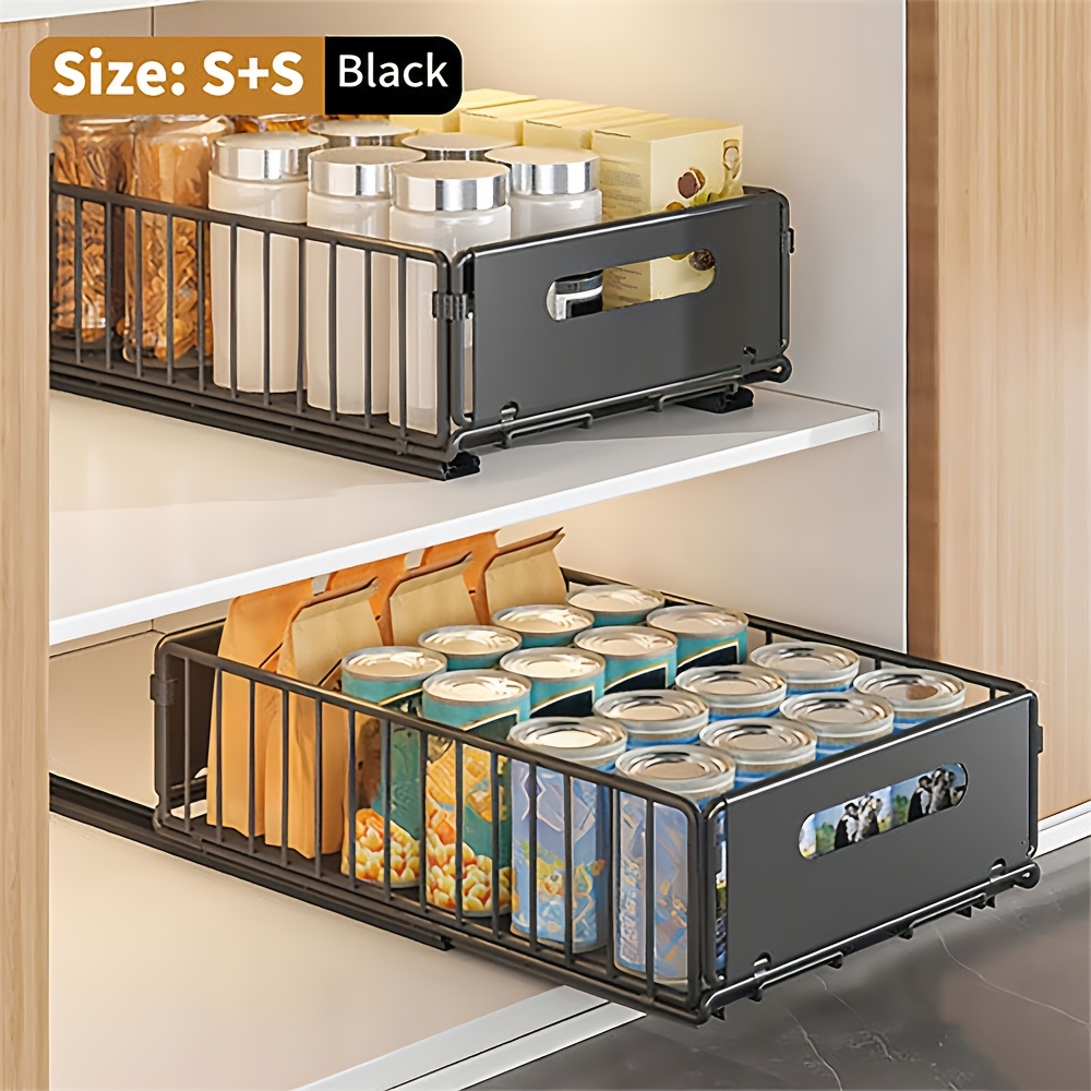 TEMU 2 Packs, Under Sink Pull-out Storage Basket, Sliding Track Cabinet Organizer Rack, Retractable Slide Out Shelf, No Punch Optional Installation,