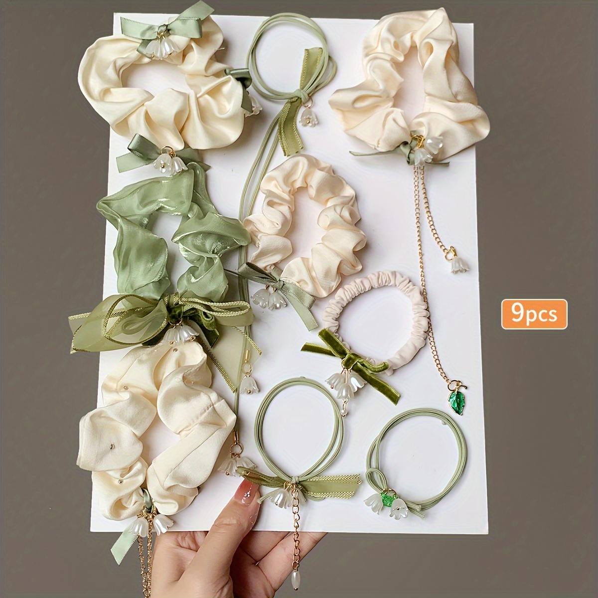 TEMU 9pcs Women's Lily Flower Head Rope Tendon Female Hair Tie Hair Rope Headgear Bun Head Large Hair Ring Women's Temperament Hair Ring Set