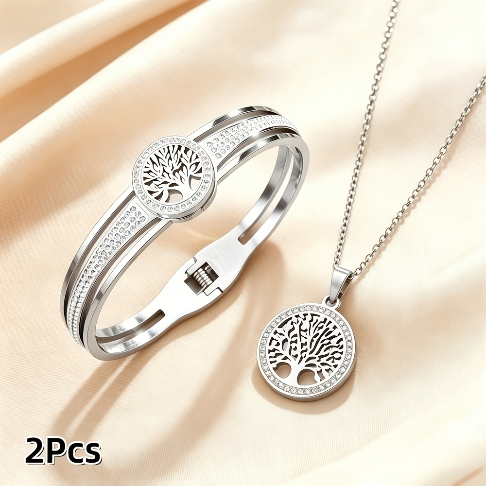 TEMU 2pcs Fashion Life Tree Necklace Pendant And Bracelet Set, Exquisite Clavicle Chain, Round Life With Synthetic Micro-pave Zirconia, Pave , Bling