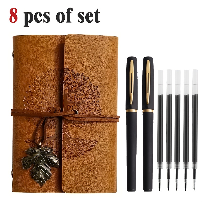 TEMU [Lot de 8 pièces] Ensemble carnet à spirale vintage et stylo noir et or, 2 stylos gel élégants noir et or + 5 recharges - Motif à d'arbres,