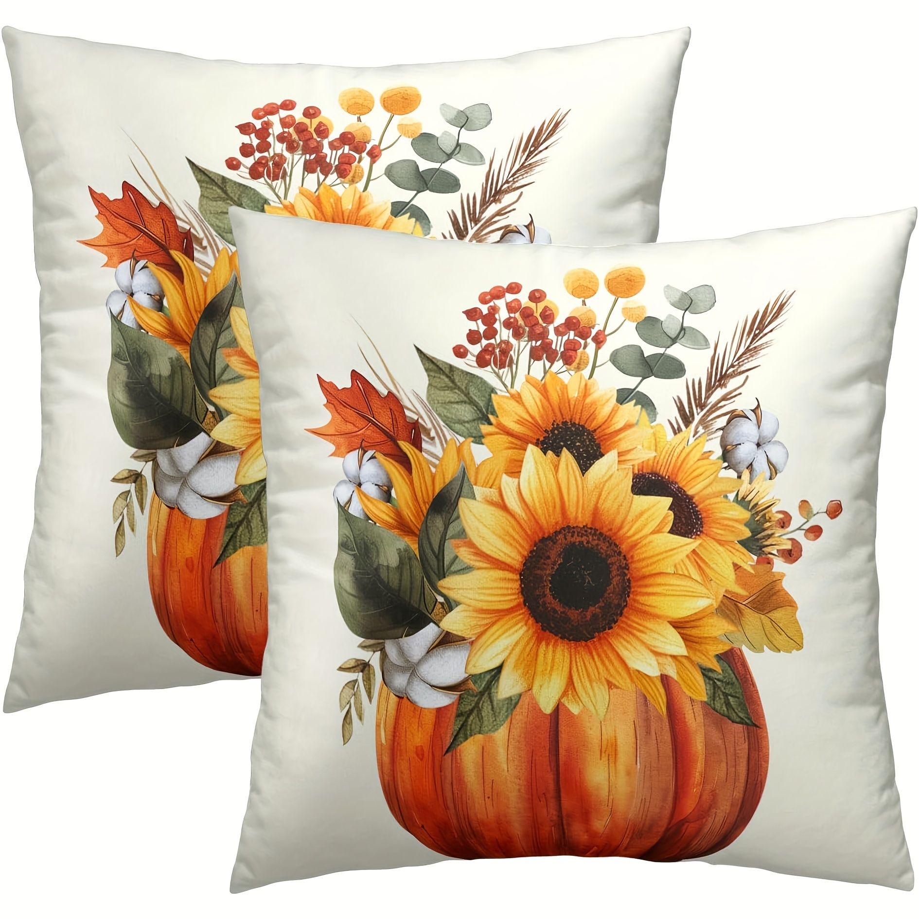 

Set Of 2 Jit Autumn Sunflower And Pumpkin Throw Cushion Covers, Country-rustic Style, Harvest Floral Decoration, Linen Zippered Cases For Sofa, Couch, & Room Types, Machine Washable, Woven