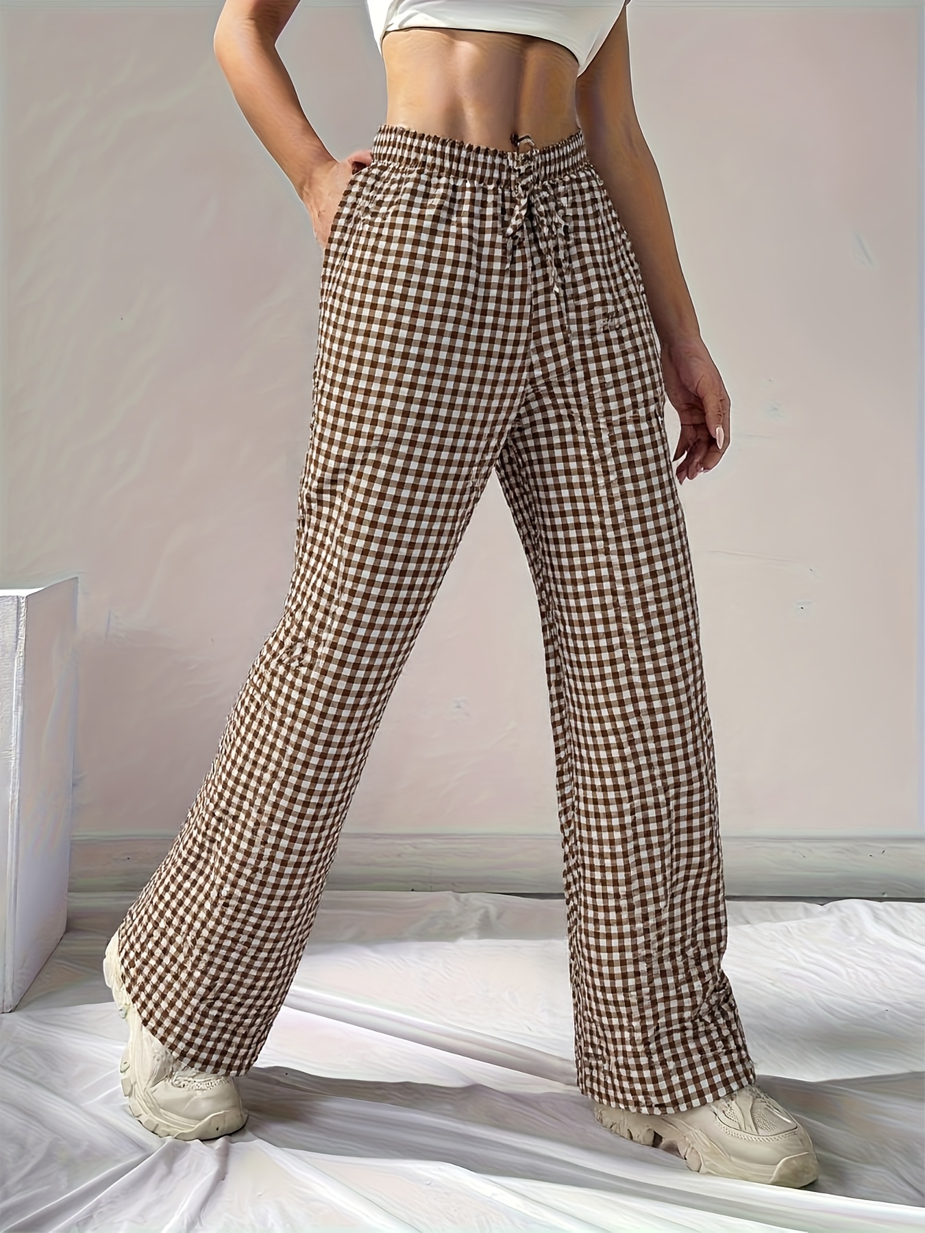 womens red white gingham check wide leg casual pants elastic  display picture 1