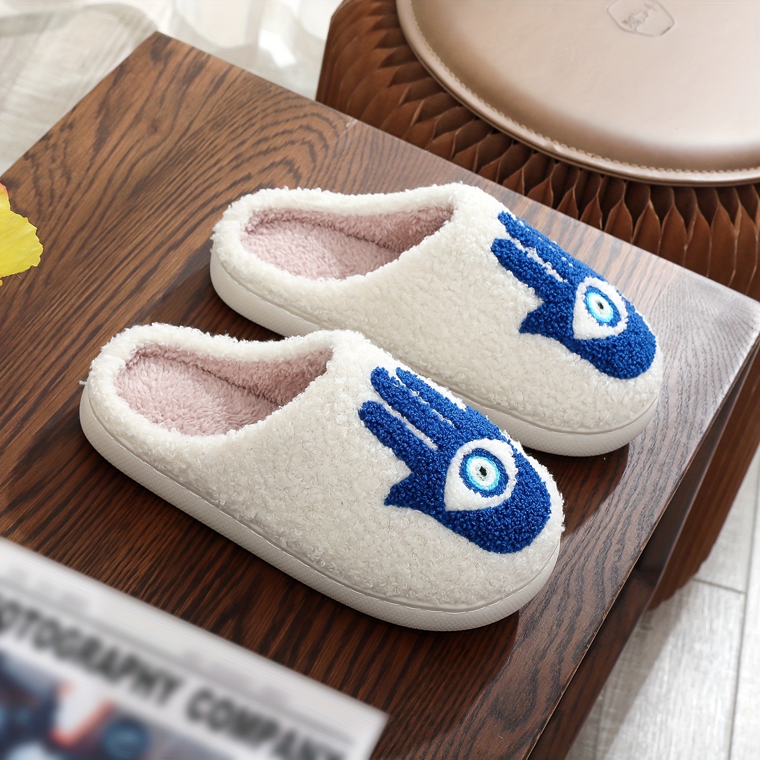 Cozy Hand Evil Eye Embroidered Plush Slippers, Soft Fleece Lining for  Indoor Perfect Gift for Men and Women