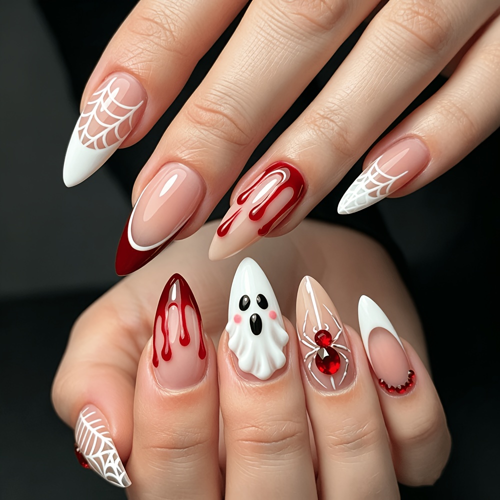 TEMU 24 stuks Halloween amandelvormige druk-op-nagels, griezelig Halloweenthema met 3D-bloeddruppels, spinnenweb en rode edelsteen spinnenontwerpen,