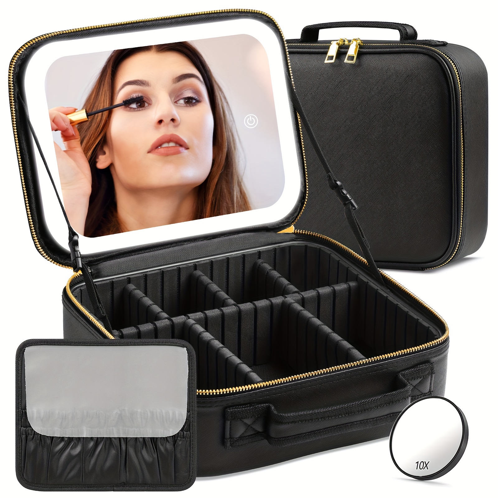 

Travel Makeup Bag With Led Mirror; Makeup Case With A 3.5-inch 10x Magnifying Mirror And Large Capacity Brush, Lightweight Makeup Case, 3 Color Modes, Adjustable Brightness, Portable Makeup Case.