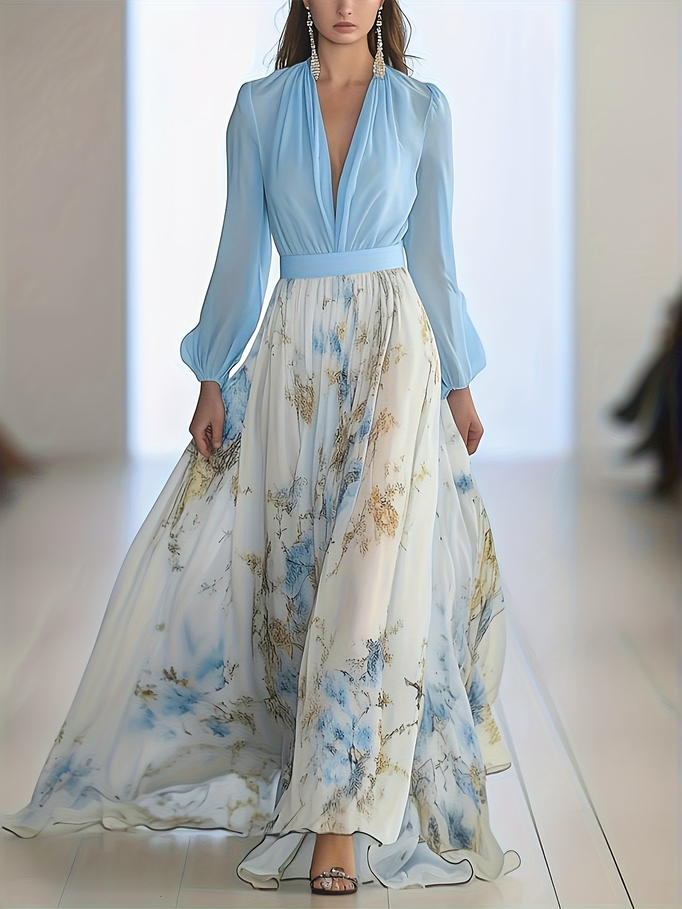 Women s Elegant V-Neck Floral Print Maxi Dress with Blue & Golden Contrast - A-Line Floor-Length Formal & Semi-Formal Dress for Weddings, Parties, Special Occasions - Machine Washable Spring Summer Fall Outfit