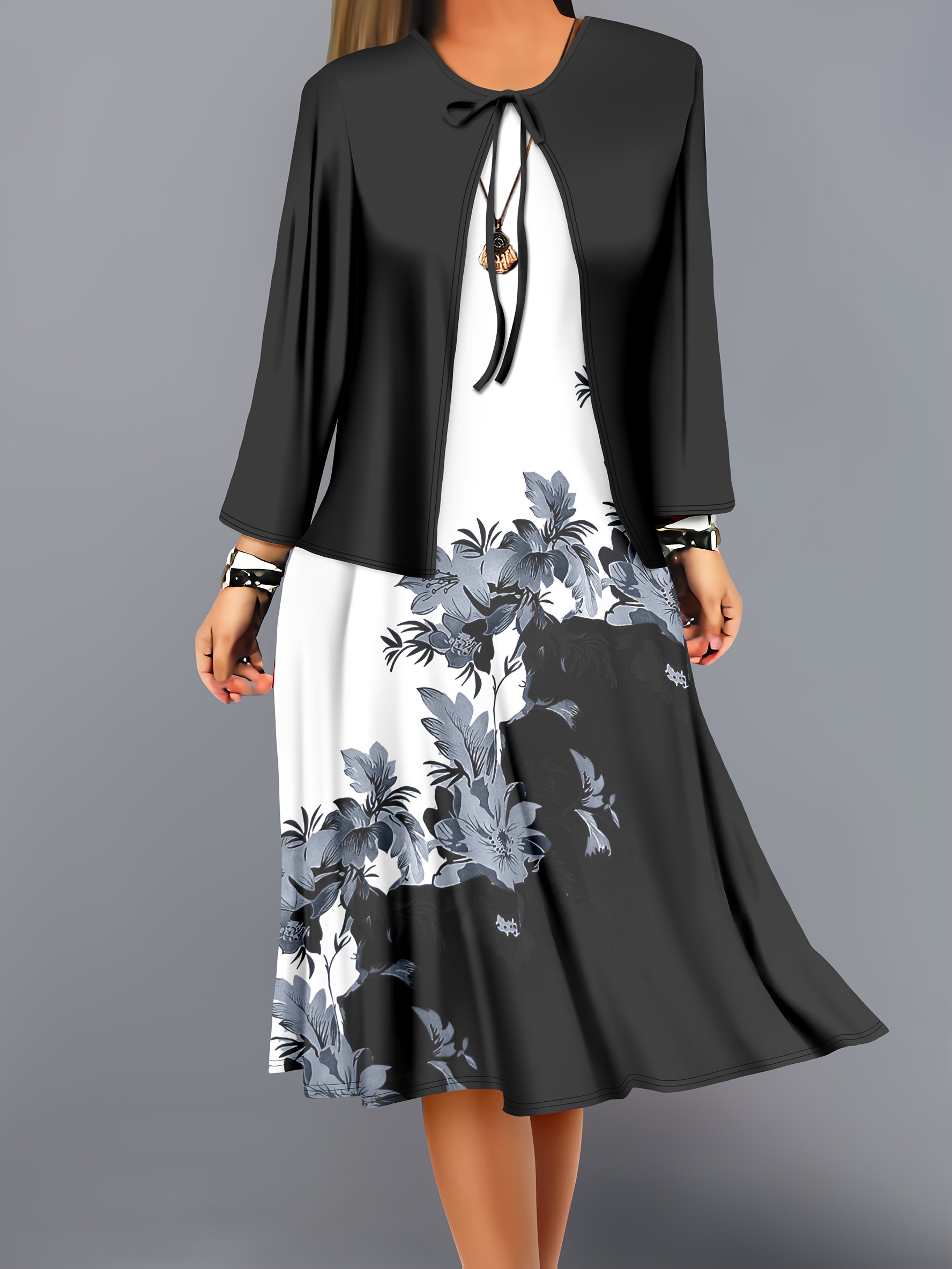 Fashion Women's solid color small cardigan and floral print patchwork dress two-piece set