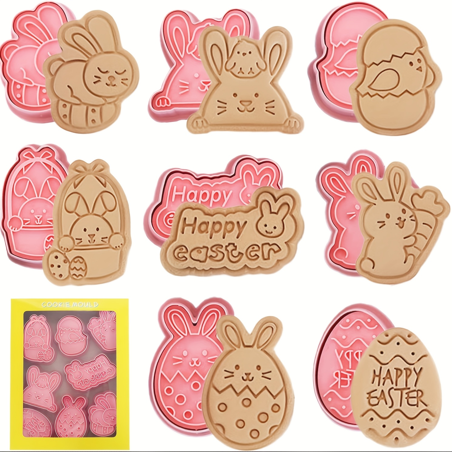 

8pcs Easter Cookie Cutter Set - Bunny & Egg Designs With "" Phrases, 3d Plastic Baking Molds For Cookies, Cakes, And Chocolates - Essential Kitchen Gadgets For Holiday Baking